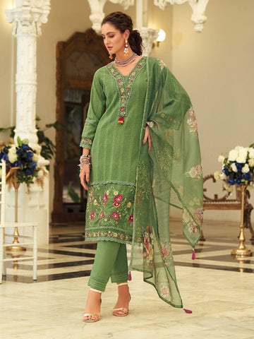 Varanga Women Floral Motif Thread Embroidered & Orangza Lace Detailed Kurta With Trouser & Dupatta